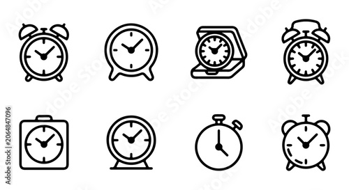Retro Alarm Clock Icons, Vintage Timepiece Symbols, Classic Watch Graphics, Digital Time Collection