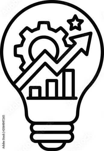 Lightbulb icon with gear chart and upward arrow