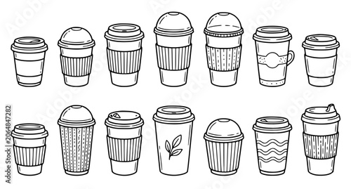 Fotografie Set of Hand Drawn Takeaway Coffee Cups in Doodle Line Art Style Isolated on Whit