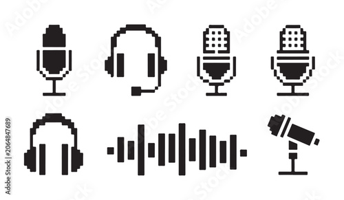 Pixel art microphone and headphone set: full and outline styles with sound wave for podcast and music.