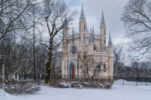 Orthodox Church in Alexandria Park in Peterhof St. Alexander Nevsky Church (Chapel or Gothic Chapel) on a winter day, St. Petersburg, Russia