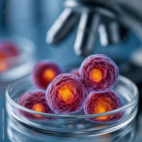 Clear glass petri dish containing glowing biological stem cells inside bright medical laboratory with out of focus microscope.
