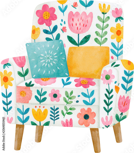 Watercolor illustration of an armchair with floral pattern isolated on transparent background.