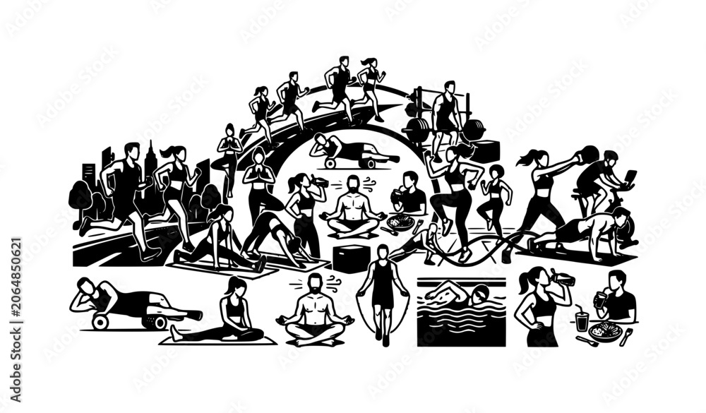 Fototapeta premium Circular fitness and gymnastics icon arrangement black and white vector