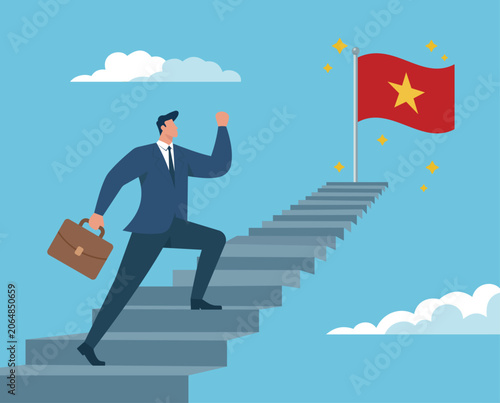 Businessman Climbing Stairs to Reach Flag Goal:** Career Growth, Business Success, Ambition, Leadership, Achieving Milestones