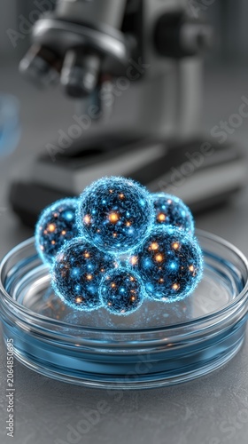 Clear glass petri dish containing glowing biological stem cells inside bright medical laboratory with out of focus microscope.