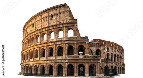 Majestic Colosseum, ancient Roman amphitheater, weathered stone facade, intricate arches, 3/4 view, no humans, under clear golden hour sky, soft light, vast horizon, enduring strength and timeless
