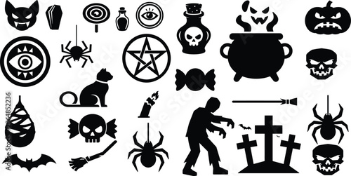 Foto Comprehensive spooky Halloween vector silhouette icon bundle featuring zombie, witchcraft elements, black cat, mystic symbols, creepy crawlies, and graveyard scenes