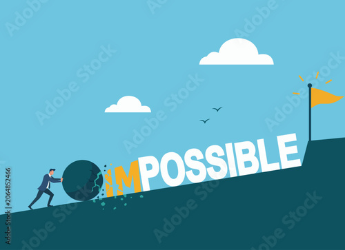 Fotografie Businessman crushing impossible word to possible, overcoming obstacles, achievin