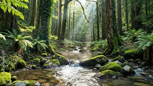 Small waterfall and stream in a dense tropical fern forest.
