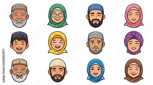 Diverse Muslim Community Faces with Radiant Smiles Modern Cartoon Character Heads in Bright Joyful Expressions for Illustrations and Design Projects