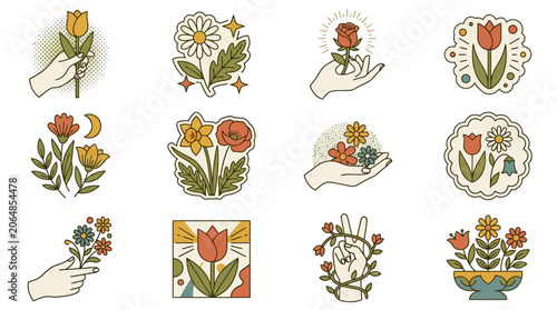 Vintage Spring Floral Design Bundle with Hand Drawn Halftone Tulip Stickers Botanical Cutouts Retro Doodle Elements Watercolor Textures and Organic Illustrations for Social Media Posts Insta