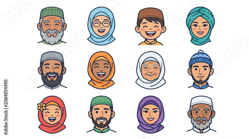 Collection of diverse Muslim community character heads with happy cheerful expressions in modern flat cartoon style for design projects