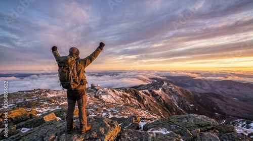 Hiker celebrating at mountain summit during vibrant sunset above clouds