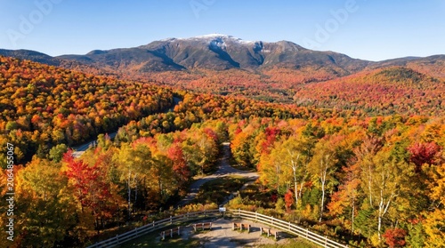 Stunning autumn foliage landscape with mountain and viewing deck