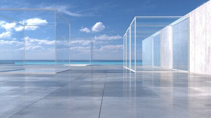 Transparent cubic structures define an outdoor architectural space facing the bright ocean horizon