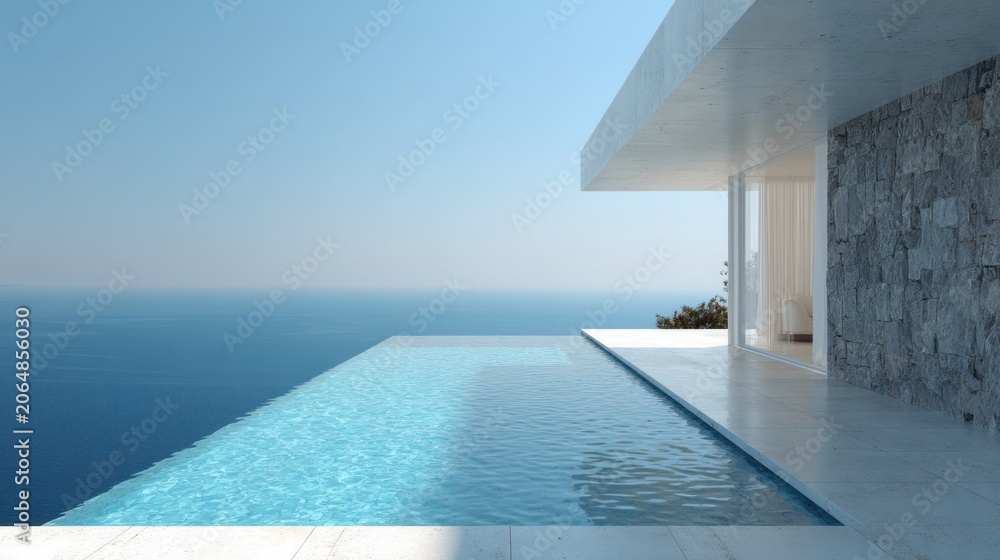 Fototapeta premium Modern luxury residence features an infinity edge swimming pool overlooking vast ocean horizon
