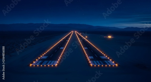 Illuminated airport runway lights at night in a dark desert