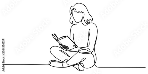 Continuous single line drawing of a young woman sitting and reading a book