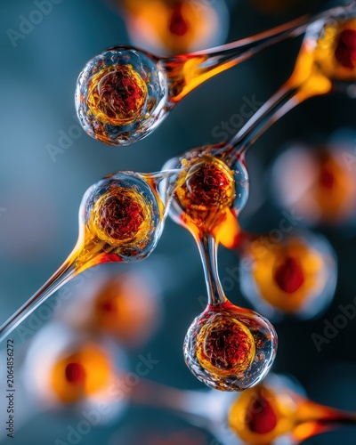 Macro bio engineered cellular matrix showing microscopic view of replicating stem cells in translucent fluid environment.