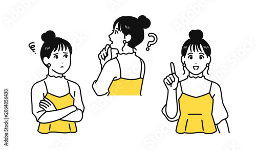 まとめ髪の若い女性 考える 悩む 笑顔で説明 ポーズセット素材	