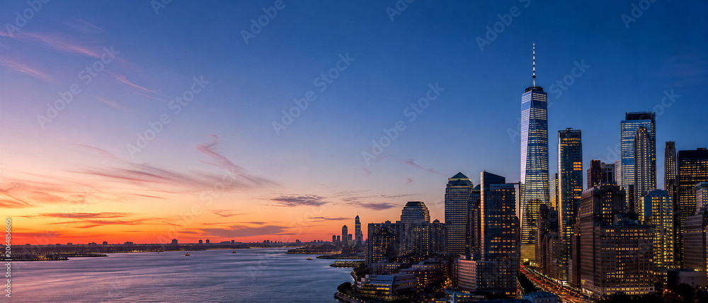 Fototapeta premium Modern City Skyline Panorama at Sunset over River