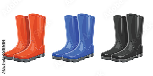Quadro su tela Color Selection of Rain Boots: A trio of rain boot pairs in red, blue, and black, showcased for their waterproof quality and outdoor utility