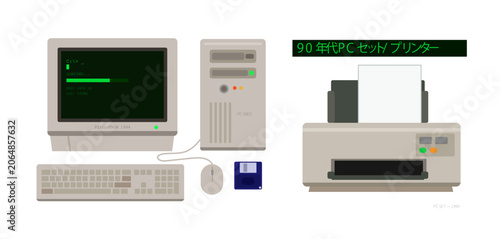 Photos 90年代レトロ・ブラウン管モニター＆タワーPC・プリンター・フロッピーディスクセット・ノスタルジックフラットイラスト・昭和平成回顧・記事・ブログ用ベクター素材