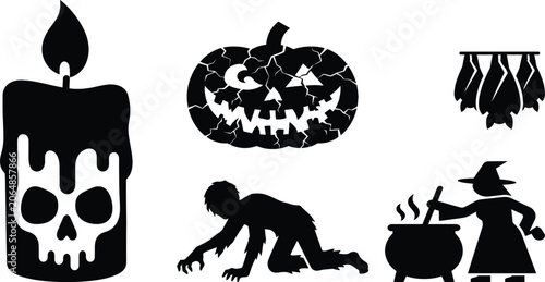Photos Spooky Halloween vector silhouette icon set featuring melting skull candle, cracked jack-o'-lantern, hanging bats, crawling zombie, and witch brewing potion in cauldron