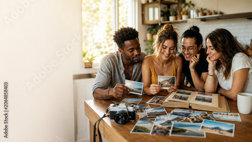 Group of young adults smiling around a kitchen table while looking through printed travel photos, album pages and a camera in warm natural light.