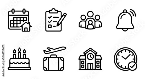 Modern Icon Set: Calendar, Checklist, People, Bell, Cake, Airplane, Building, Clock