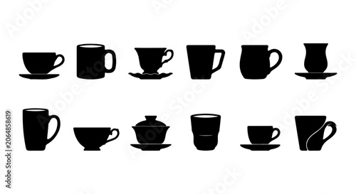 Obraz na plátne Diverse Coffee Cup and Saucer Silhouettes, Ceramic Drinkware Collection, Modern