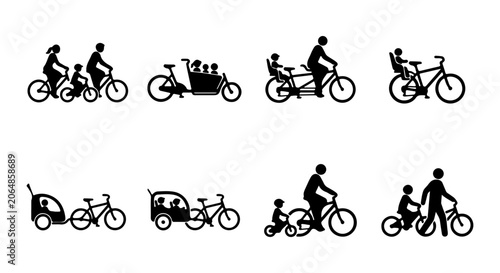 Family Cycling Silhouettes: Diverse Bicycle Riders, Tandem Bikes, Child Seats, Trailers
