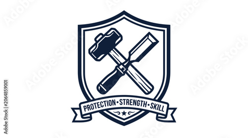 Carpentry crest with crossed hammer and chisel tools on a shield