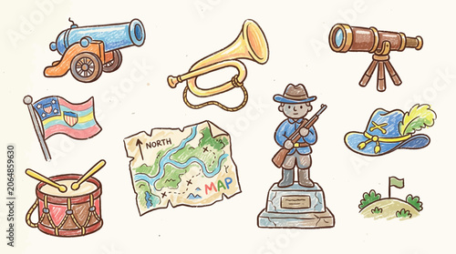 Photos Collection of Civil War era illustrations including a cannon, bugle, telescope, flag, drum, map, soldier statue, and hat