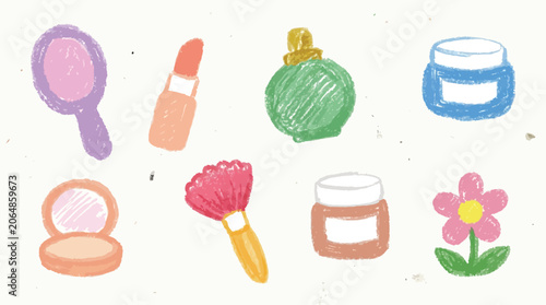 Принти на полотні A collection of hand-drawn cosmetic items and a flower, rendered in a childlike crayon style