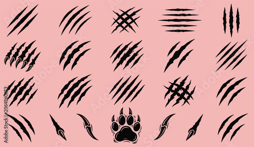 Foto Animal claw scratch marks collection with bear paw print monster rips predator t