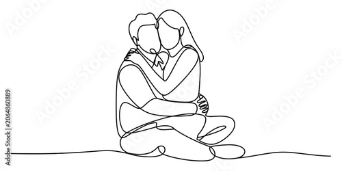 Foto Continuous single line drawing of a loving young couple sitting and hugging each