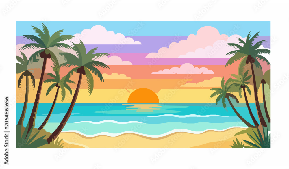 Obraz premium Tropical Beach Sunset with Palm Trees and Ocean Waves Flat Vector Illustration Scenery