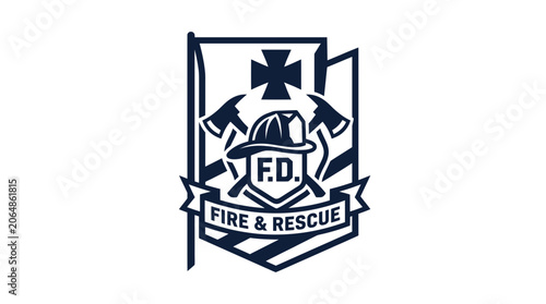 Fire and rescue emblem with helmet crossed axes and maltese cross