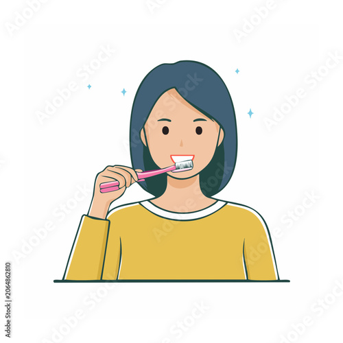 Woman brushing teeth in flat design illustration