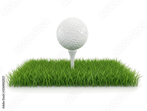 A white golf ball rests on a small patch of green grass, supported by a white tee. The scene is set against a transparent background, creating a clean and simple presentation.
