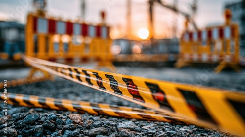 Yellow and black caution tape stretched across a road surface with barricades blurred in the background at sunset.