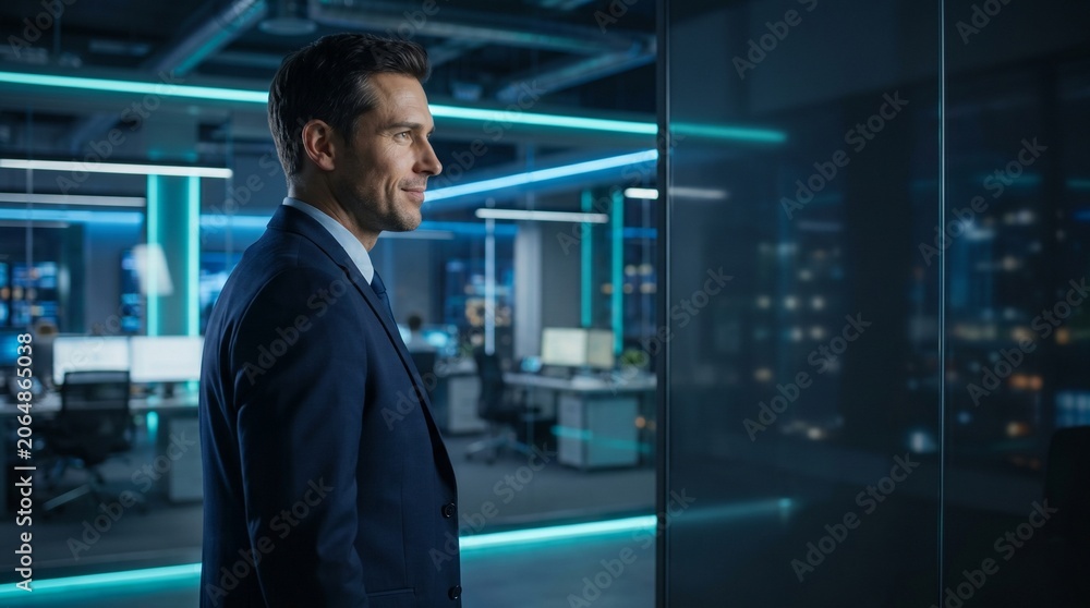 Fototapeta premium Confident businessman in suit looking out window of modern office at night