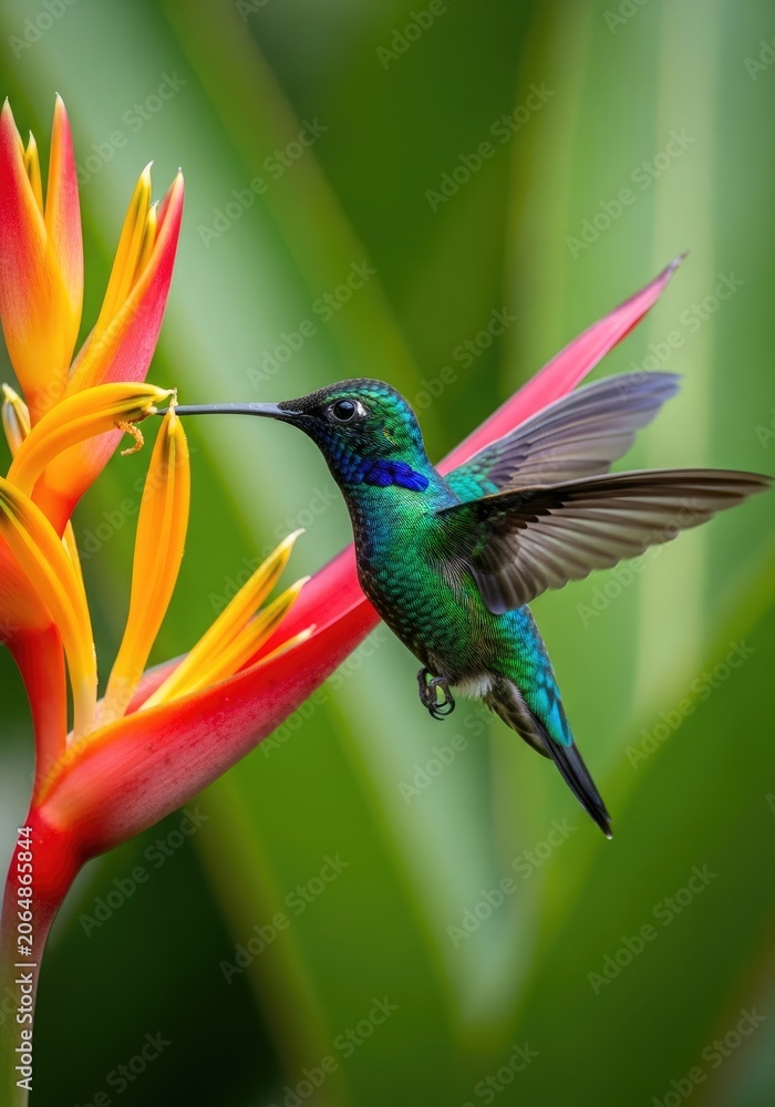 Obraz premium A vibrant hummingbird hovers delicately near a bright red bird of paradise flower. The hummingbird’s iridescent green plumage and brilliant blue head flash as it feeds on the flower’s nectar.