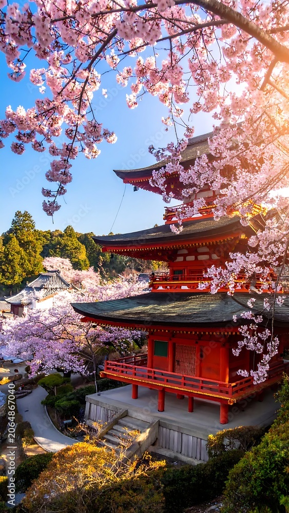 Obraz premium Vibrant Red Pagoda Surrounded by Blooming Cherry Blossom Trees in Japanese Temple Garden