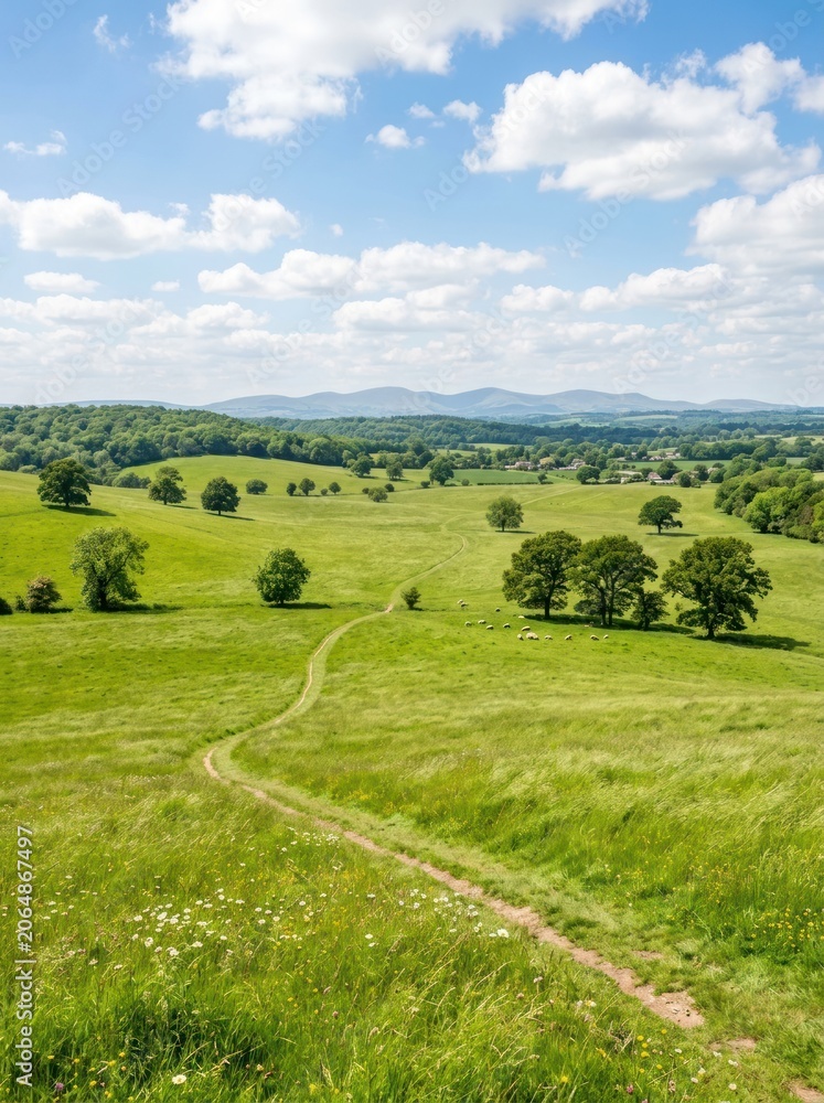 Obraz premium A picturesque landscape showcases a rolling green meadow dotted with trees and wildflowers, leading to distant hills under a bright blue sky filled with fluffy white clouds.