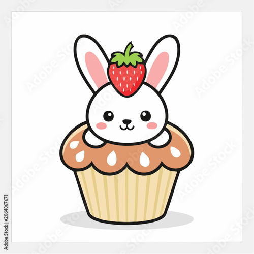 Cute Kawaii Bunny in a Cupcake with Strawberry