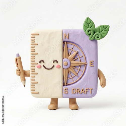 Cute cartoon clay character of a compass and ruler holding a pencil for drafting with character