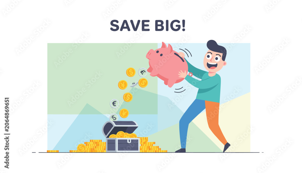 Obraz premium Excited man holding a pink piggy bank and pouring gold coins into a treasure chest, representing personal finance and big savings.